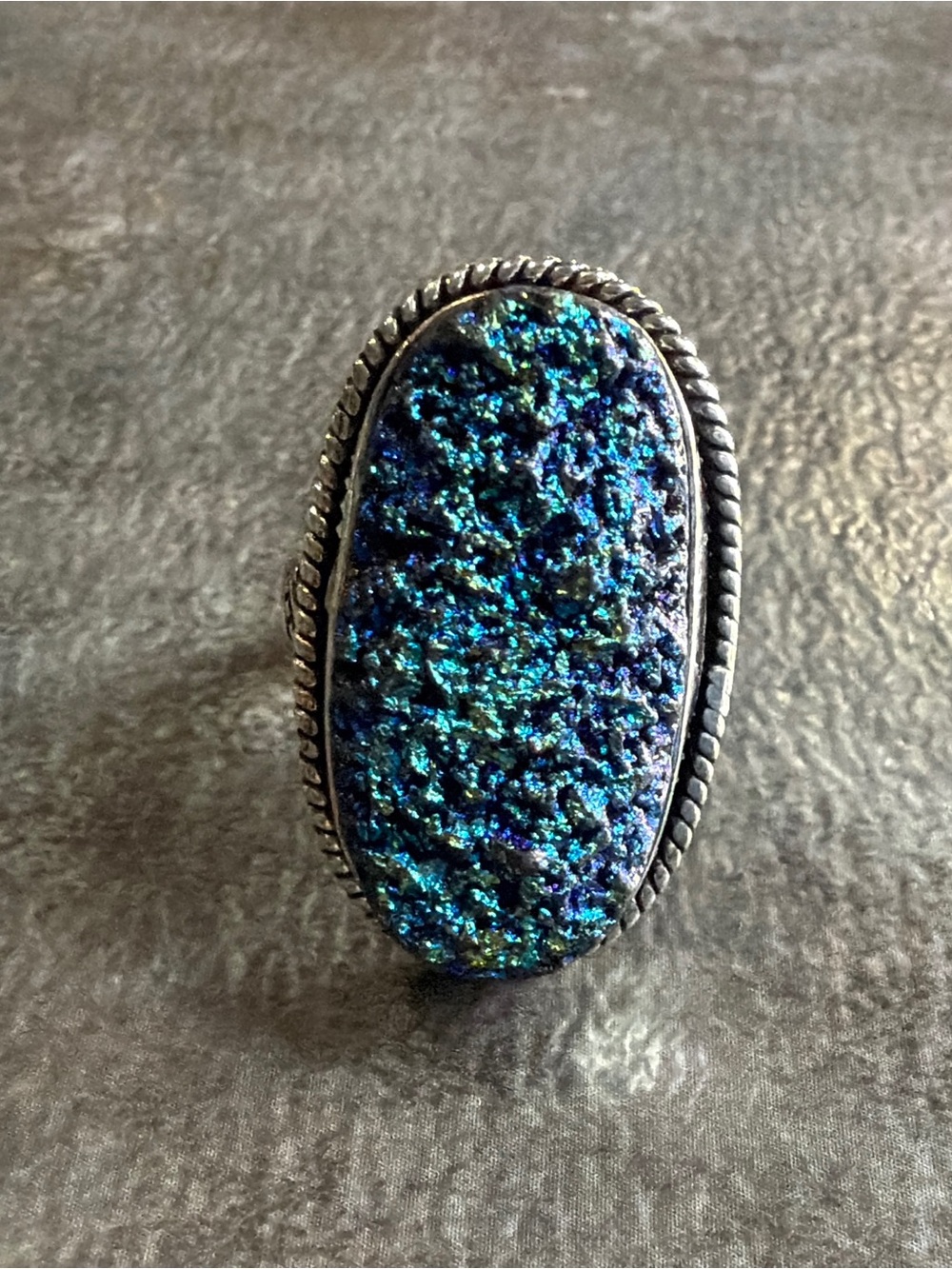 Hand Crafted Boho Rainbow Hematite Druzy Statement Ring Size 8 Silver 925 Plated